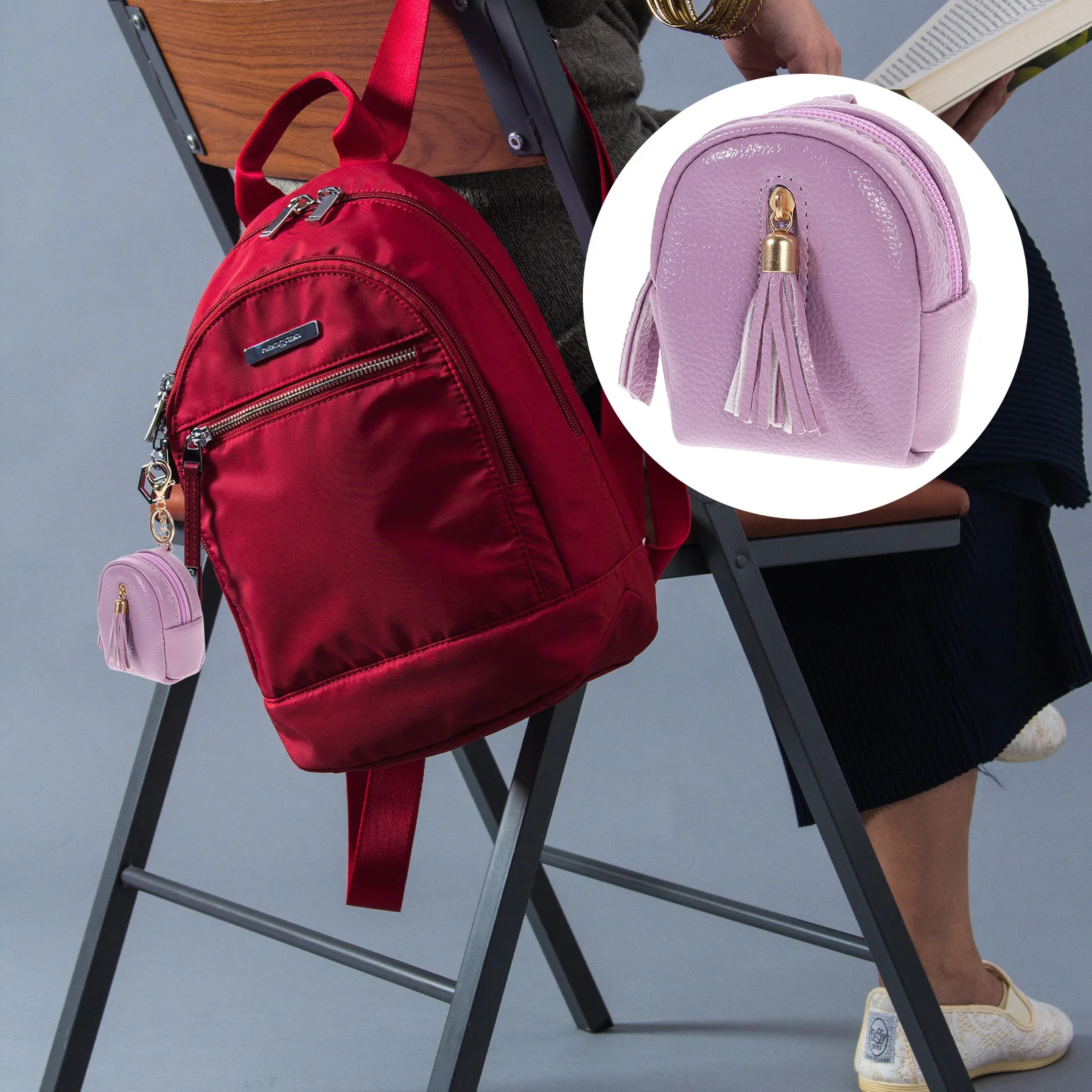 

Elegant Key Chain Bag Creative Backpack Shape Design Portable Mini Backpack Tassels Zipper Adorable Handbag Key Chain Bag