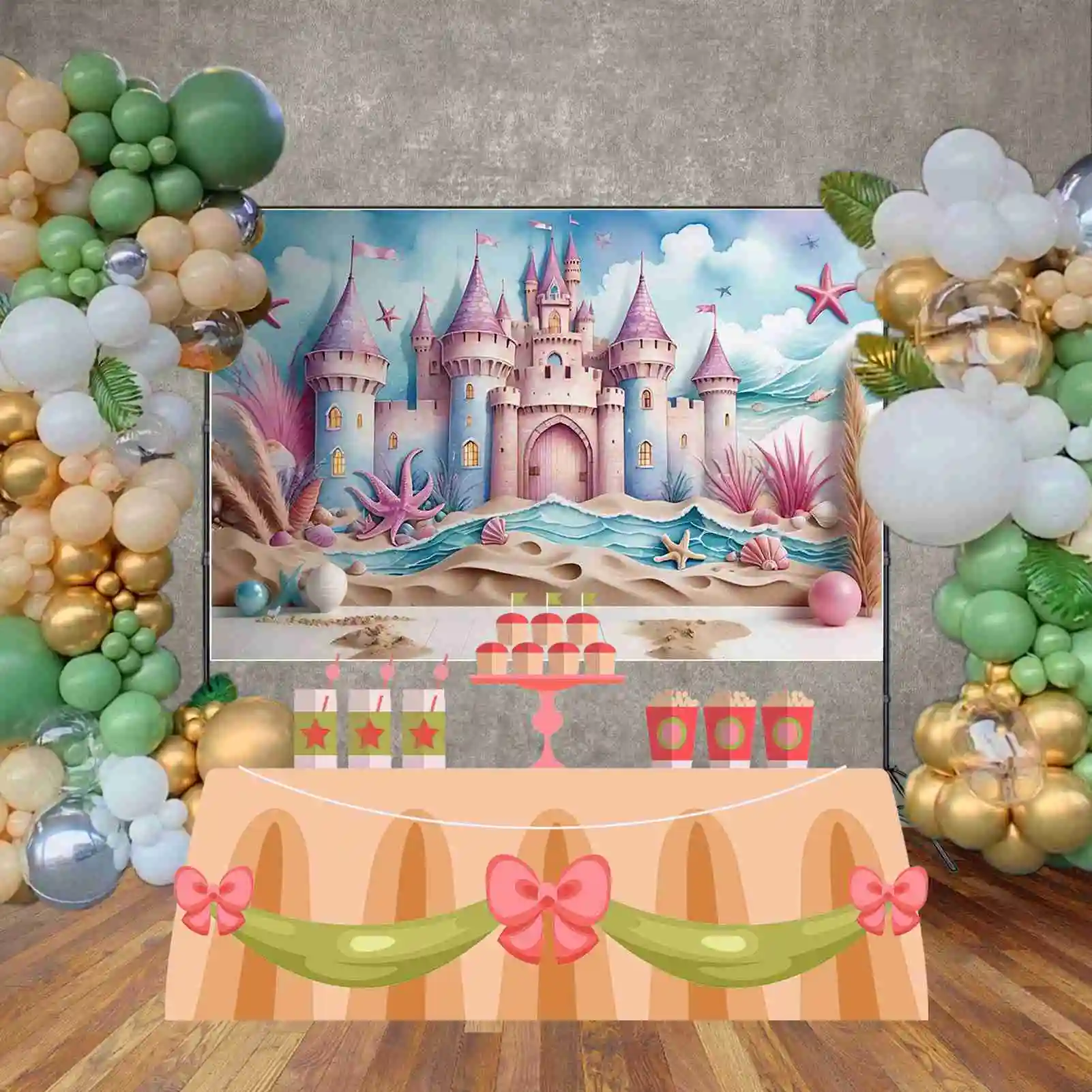 MOON.QG Summer Beach Birthday Party Backdrop Mermaid Princess Castle Shell Sand Background Custom Candy Land Photography Props
