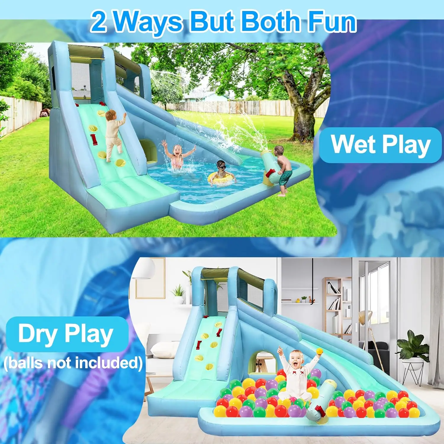 Kid's Inflatable Bounce House Water Park, 6-in-1 Summer Outdoor Party Fun with 550W Blower, Giant Slide, Climbing Wall, Splash Pool, and Water Blaster view 3