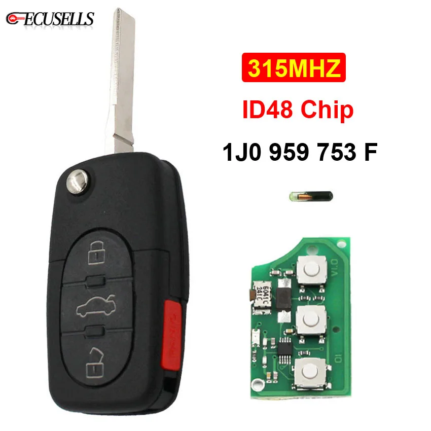 Ecusells 4B Remote Key 1J0 959 753 F 315MHZ ID48 Chip 1J0959753F for V-W/VolksWagen Beetle Golf Passat Jetta Rabbit HU66 Blade