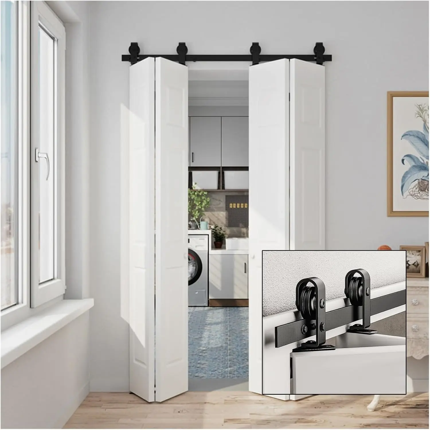 Barn Door Hardware Kit, Bi-Folding Sliding Barn Door Hardware Kit, Heavy Duty Black Roller Track Kit For 2/4 Doors Smoothly