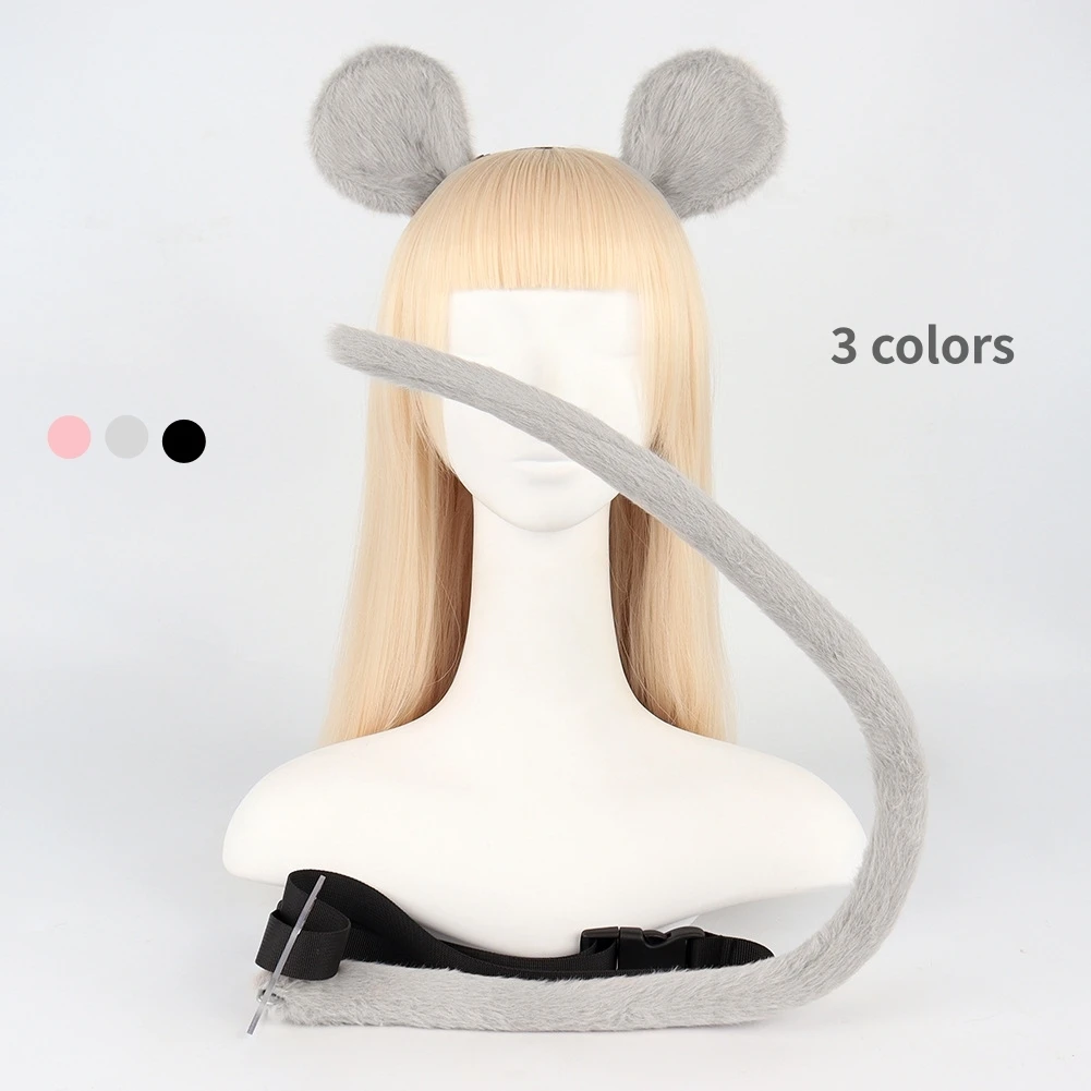 Handmade 2PCS/Set Anime Rat Ears Headwear Cute Tail Set Cosplay Comic Dressing Plush Hamster Ear Hair Clip Party Cosplay Props