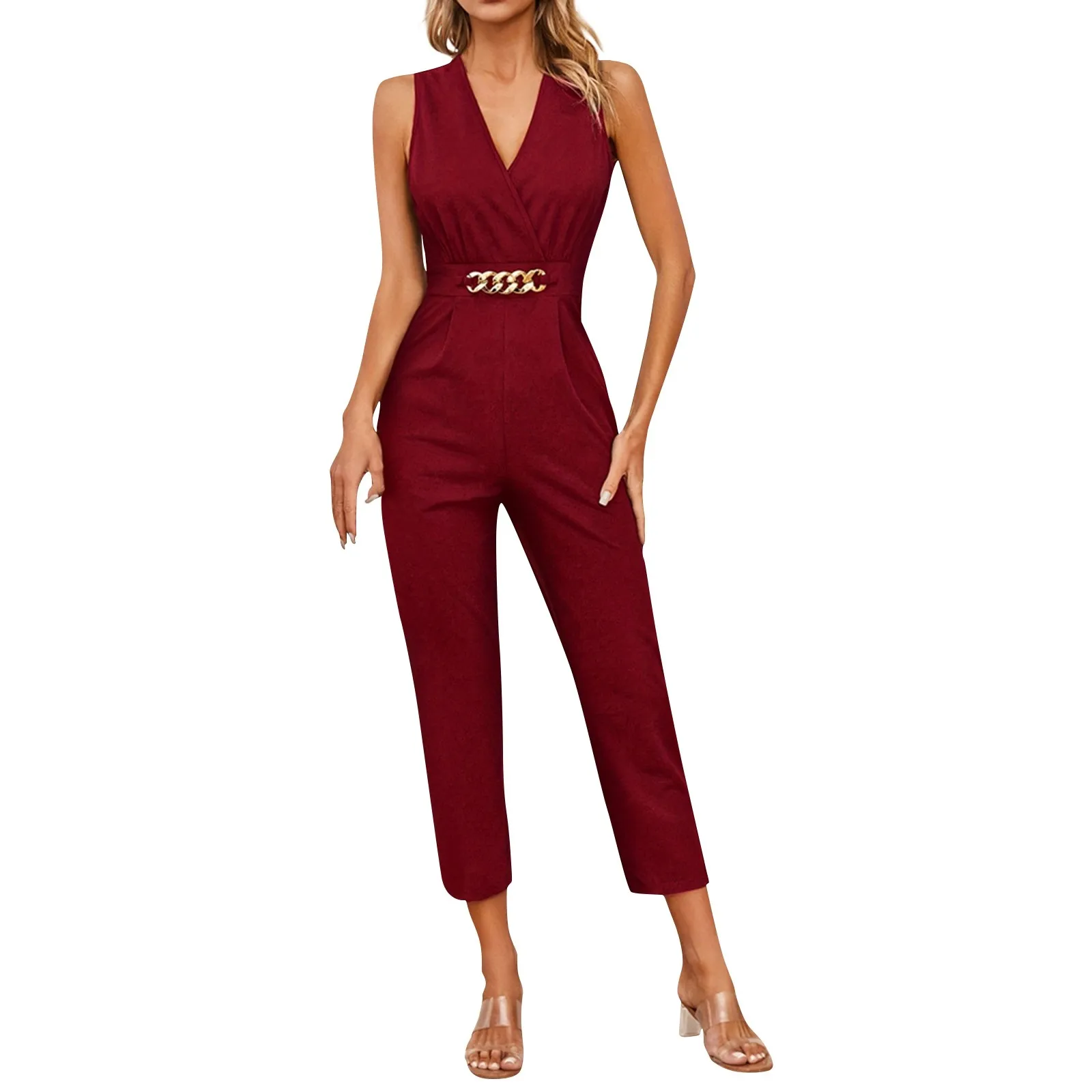 

Women's Sleeveless Jumpsuit Solid Color Overall Bodysuit Clothing Office Style V-neck Lace-up Jumpsuits High Waist Belt Pants