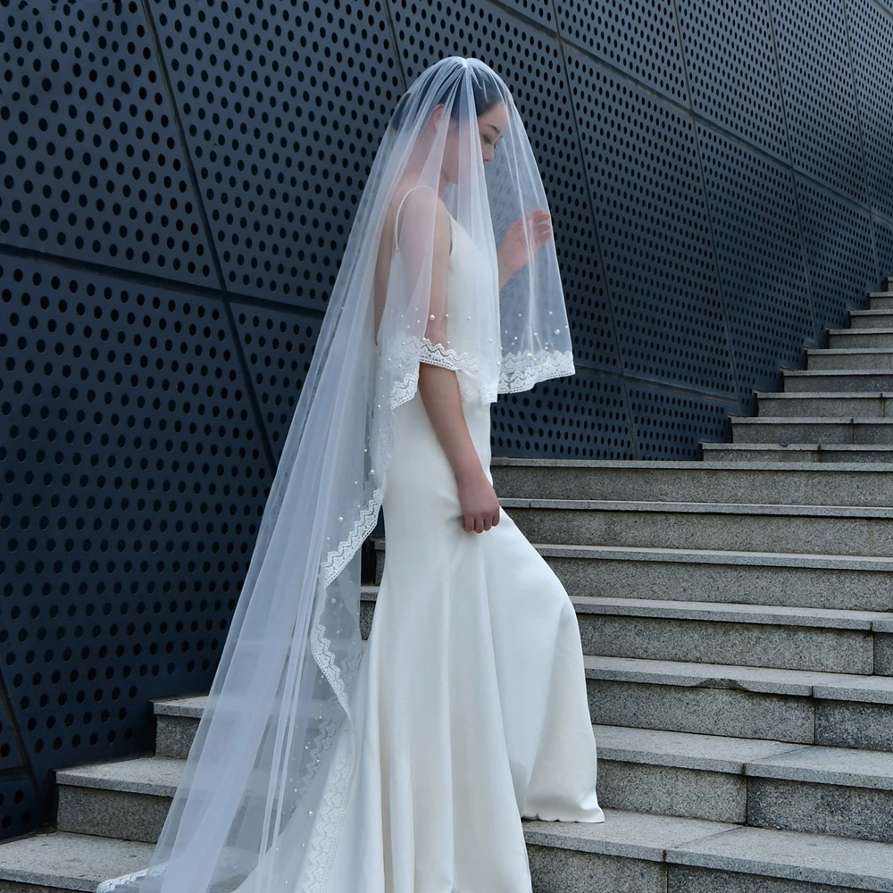 Accessori per capelli da sposa abito da festa doppio velo di pizzo di perle gioielli da sposa copricapo compleanno donna di lusso cerimonia damigella d'onore