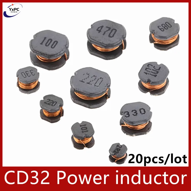 20PCS SMD Power Inductors CD32 1uH 2.2uH 3.3uH 4.7uH 6.8uH 10uH 15uH 22UH 33UH 47UH 68UH 100UH 150UH 220uH 330uH 2.2MH
