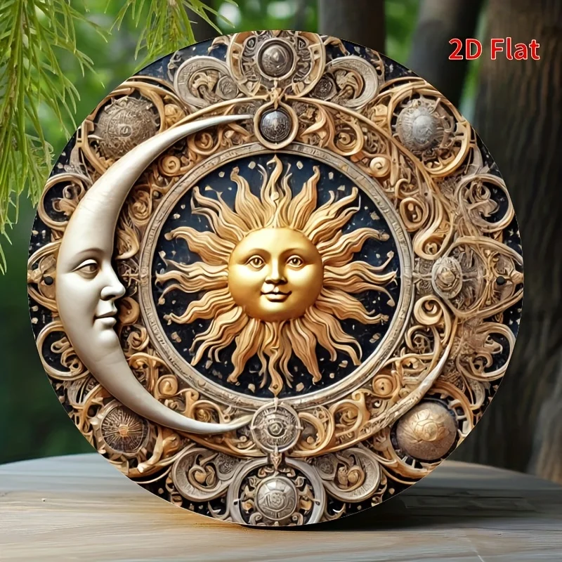2D Flat Vintage Sun Moon Face Round Wooden Sign, Celestial Mystic Occult Wall Art, Bohemian Astrology Decor, Witchy Spiritual Ae