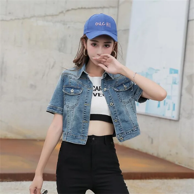 Denim เสื้อผู้หญิงแขนสั้นเสื้อแจ็คเก็ตผู้หญิงยืดหยุ่นสบาย Denim Coat Chaqueta Vaquera Mujer Veste กางเกงยีนส์ Femme