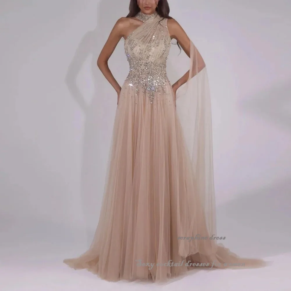 

One-Shoulder Tulle Evening Dresses With Sequin Crystal A-Line فساتين سهرات Draped Sexy Formal Dress Customized