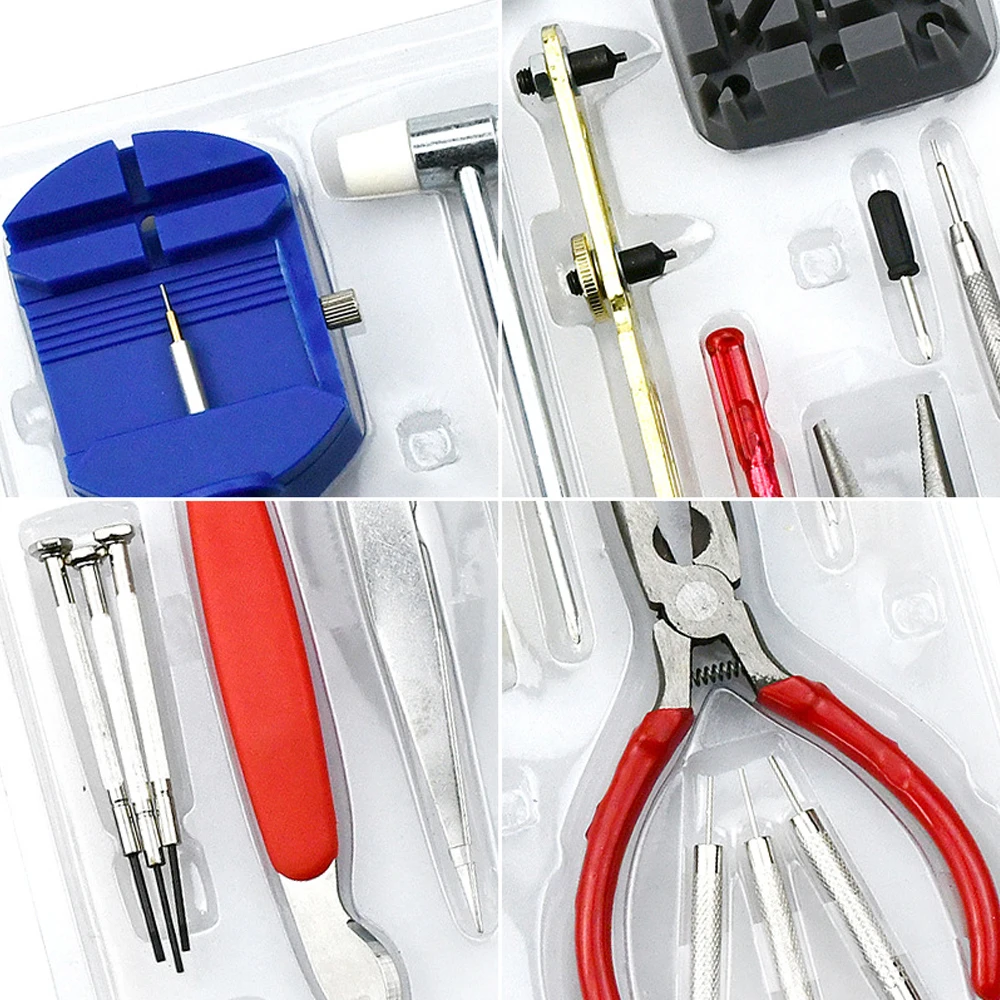 16 unids/set kit de herramientas de reparación de relojes para abridor de cubierta trasera de reloj correa de repuesto de batería o juego de herramientas de relojero portátil