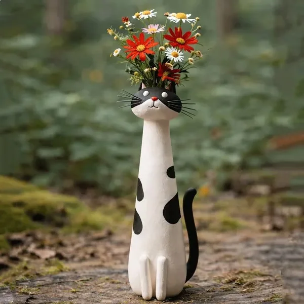 Creative resin cat vase ornaments home and courtyard decorations cute animal shaped handicrafts