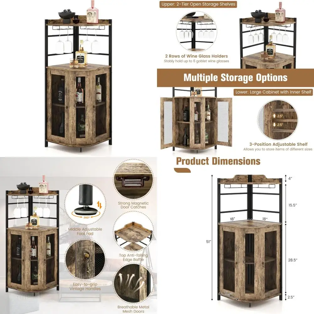 

Industrial Style Metal Mesh Door Wine and Liquor Cabinet with Adjustable Shelves and Anti-Toppling Feature