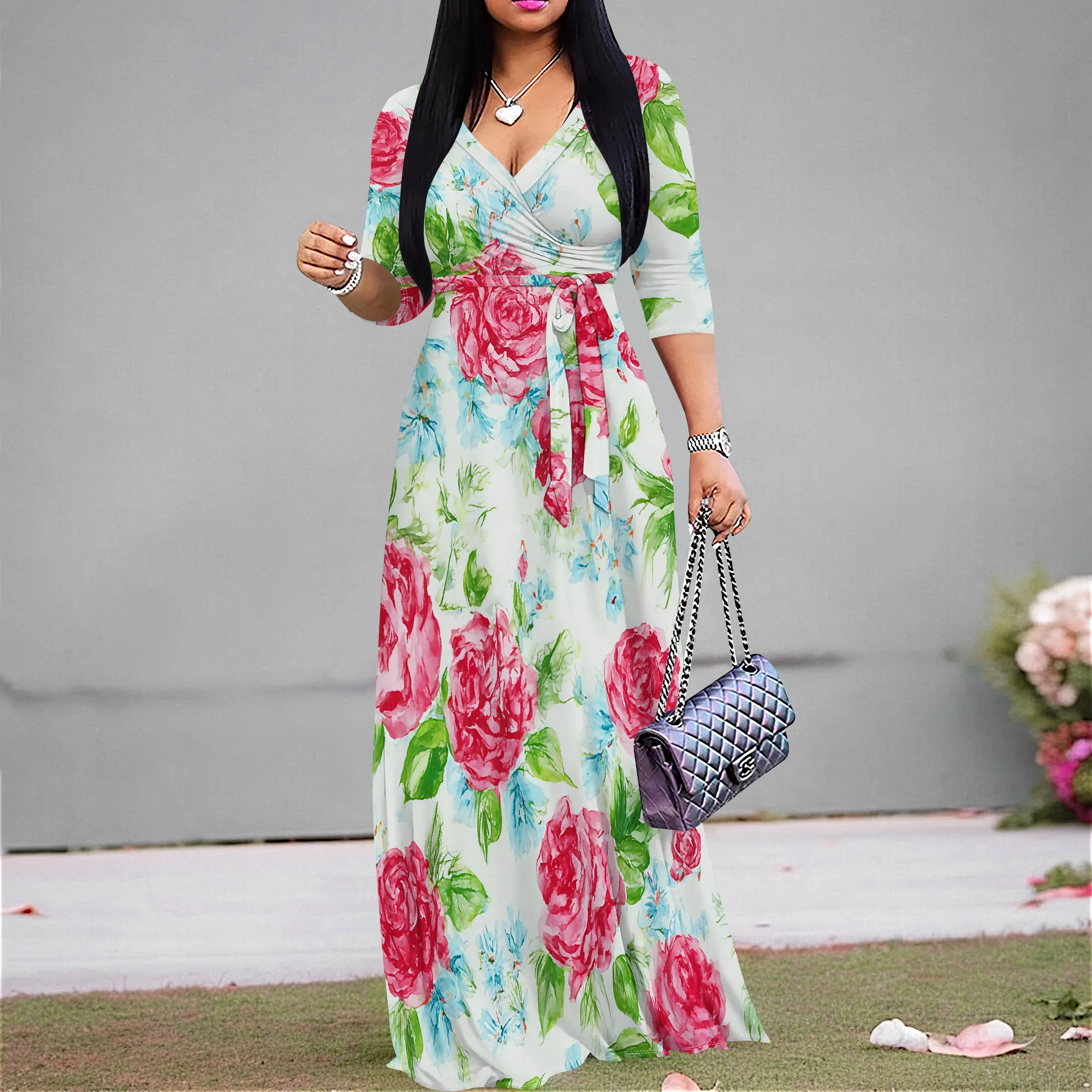 

Floral V Neck Maxi Dress for Women 2025 Plus Size Summer Casual Dress with Belt Half Sleeve Elegant Holiday Party Gown