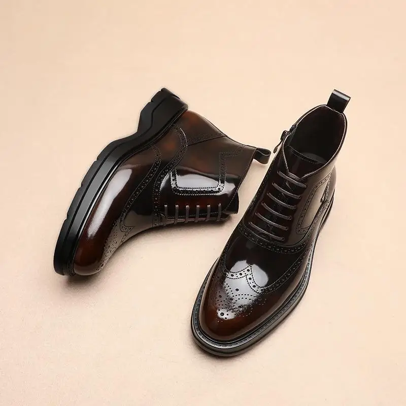 Autumn and Winter New Business Formal Men's Boots British Fashion Leather Engraved Trend Lace-up Short Boots