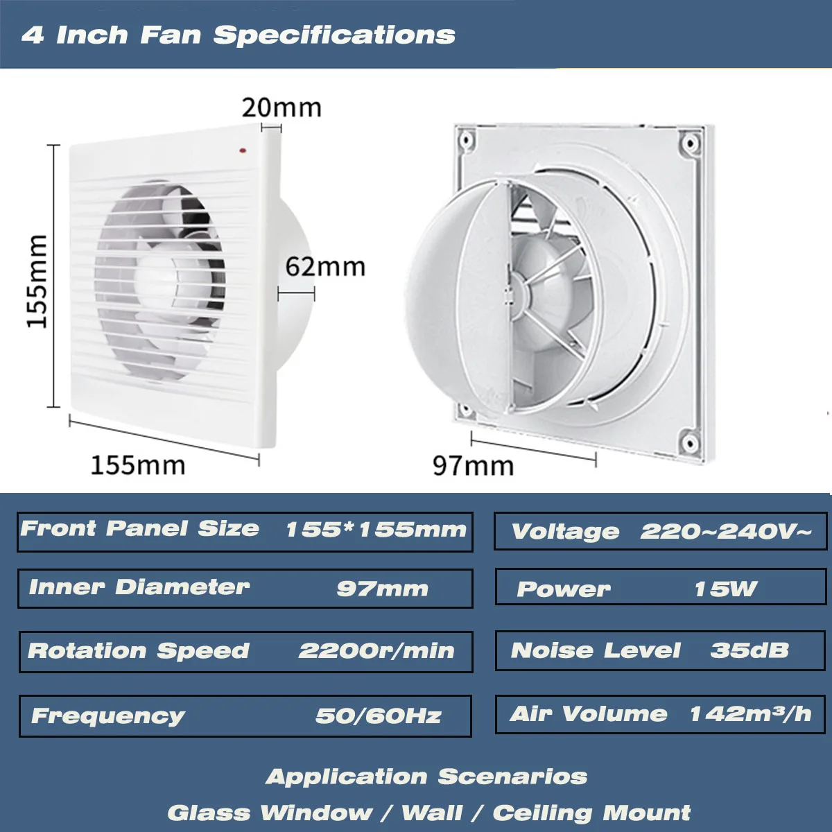 4 Inch Silent Window Mount Exhaust Fan with Backdraft Damper, Bathroom Toilet Kitchen Ventilation Extractor Fan, GB EU UK Plug O view 3
