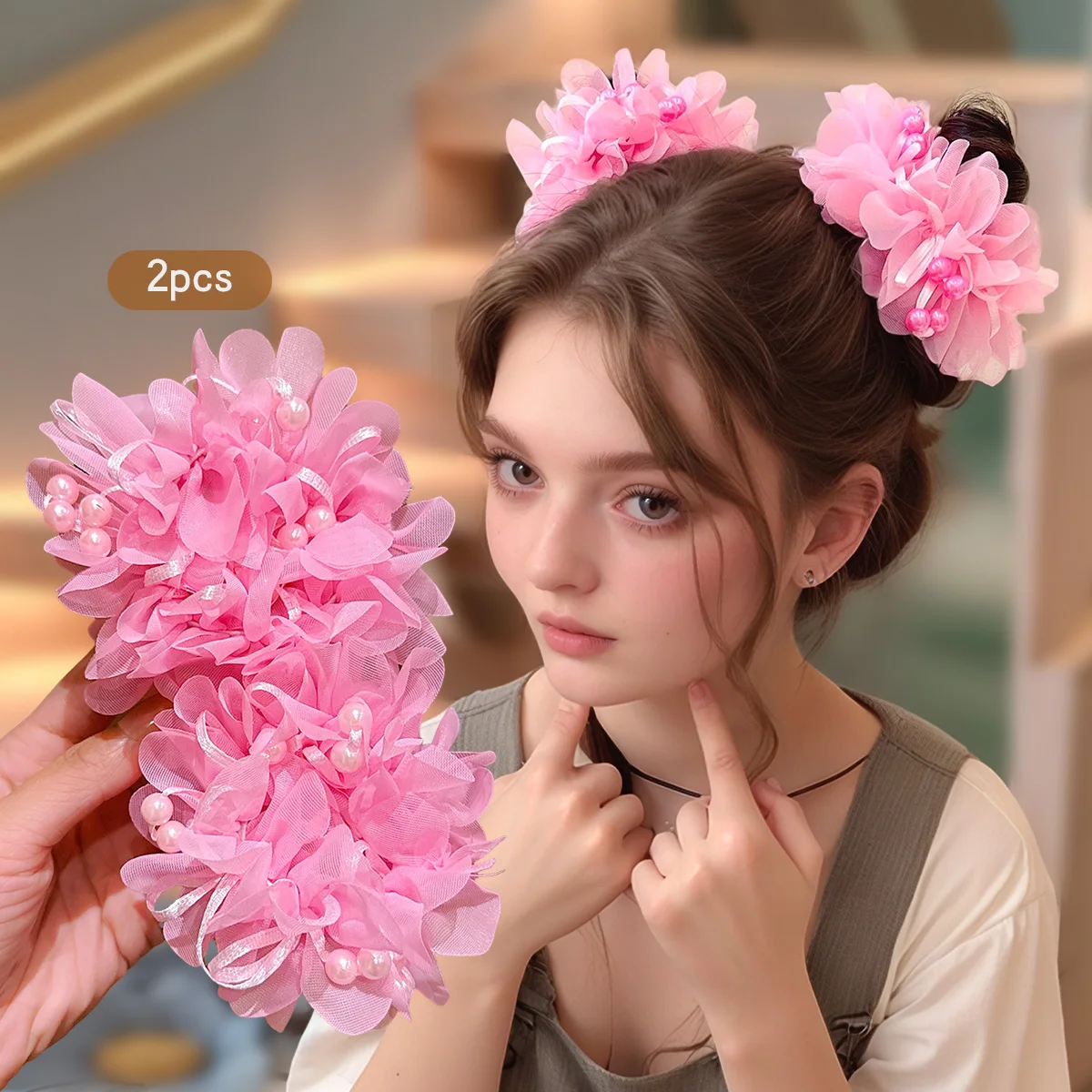 

2 cute pink pearl flower hair rings and hair accessories suitable for daily use