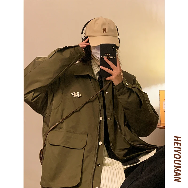 

Trendy Oversize Men's Workwear Jaet with Multiple kets American Sle Loose Fit Spring Autumn Faion Fake Two-Piece Coat