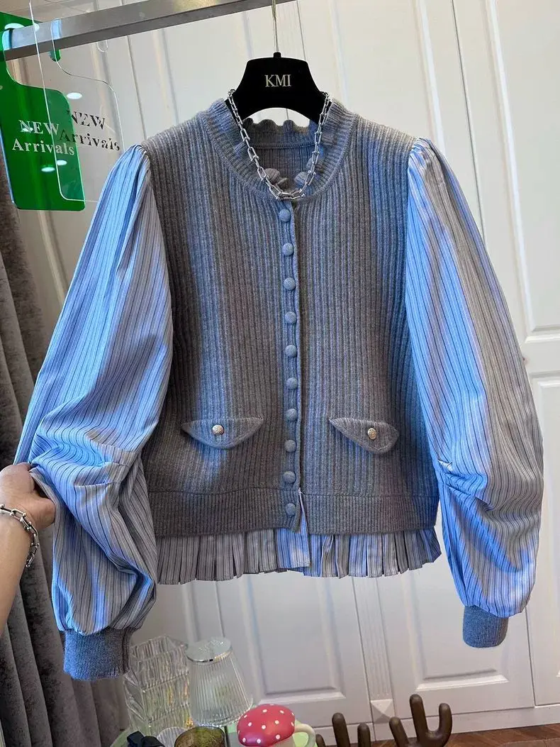 

plus Size 300 Pou Design Sense Wood ain Splicing irt Autumn Winter Loose Match All Slimming Top Women's Casual Fa...