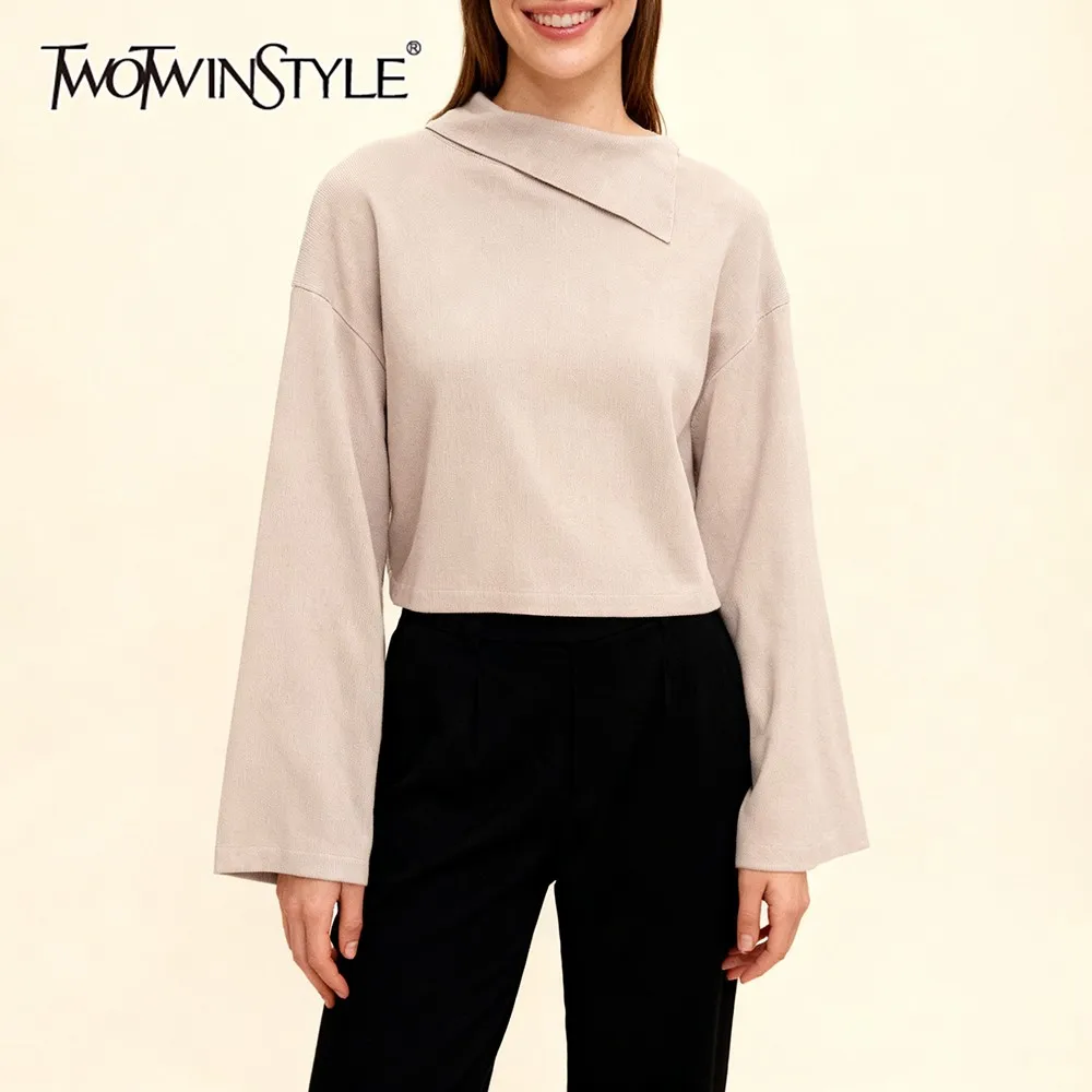 

TWOTWINSTYLE Minimalist Gray Color Knitted Top for Women Irregular Turtleneck Flare Long Sleeve Casual Short Sweater Female New