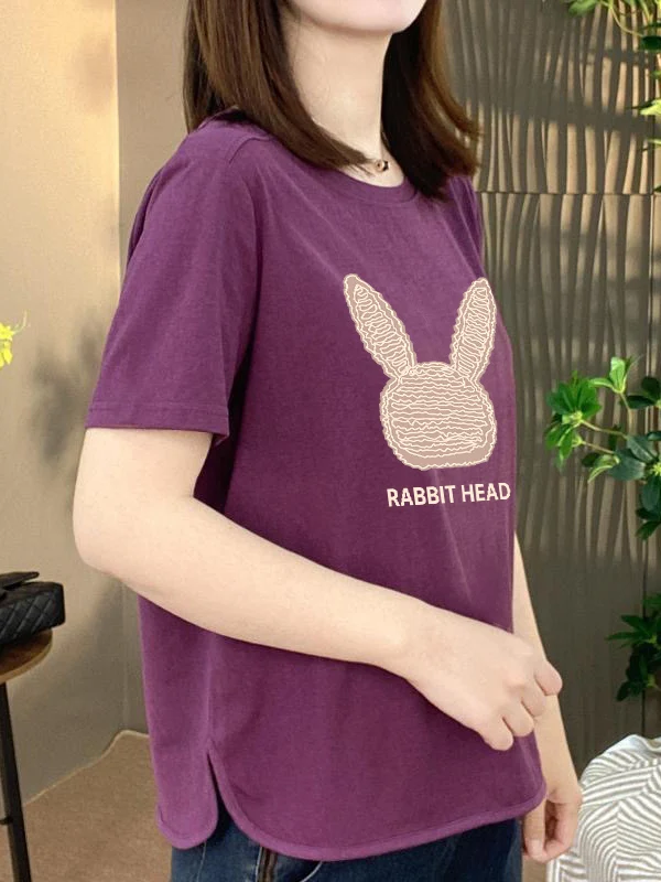 

Elegant Simple Cartoon Rabbit Print Short Sleeve T-Shirt Women's round Neck Loose Versatile Anti-Aging Top Polyester Fiber
