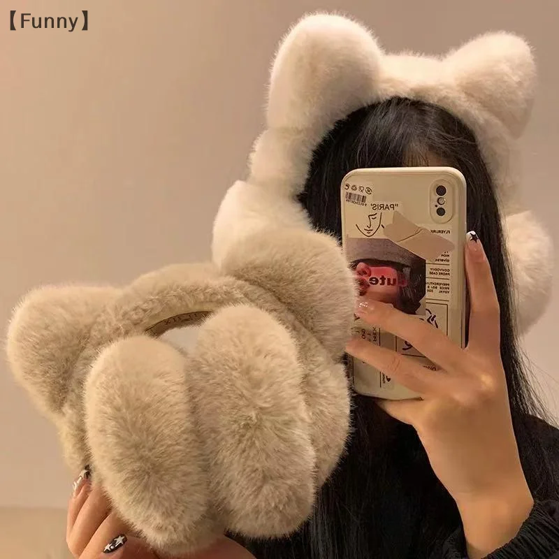 〔Funny〕Cute Cat Earmuffs Outdoor Windproof Winter Warm Soft Plush Ear Warmers Retractable Foldable Ear Covers For Women Girls