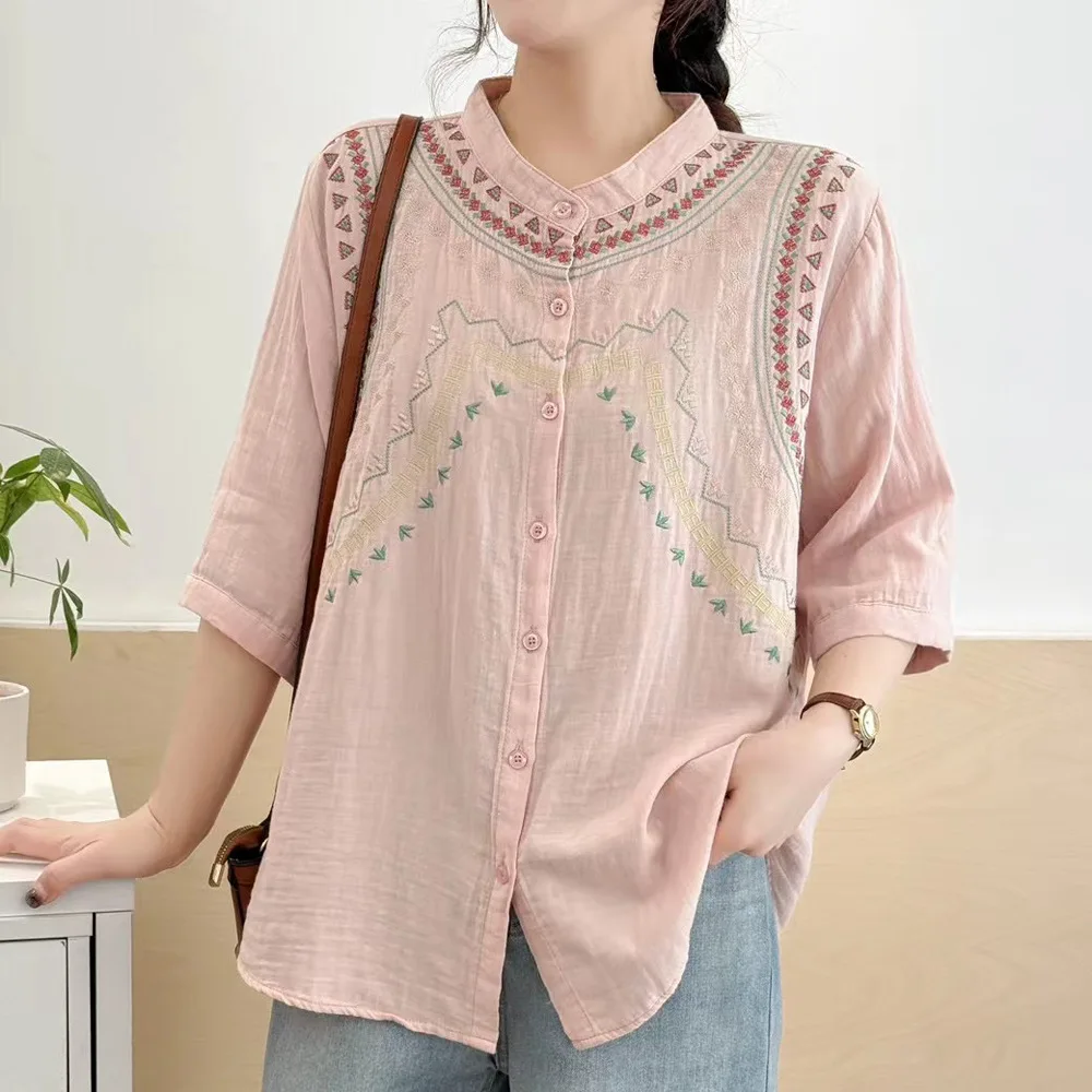 Novo 2025 verão algodão fio meia manga camisa, feminino o pescoço bordado retalhos, mori menina doce commute blusa solta t55216cc