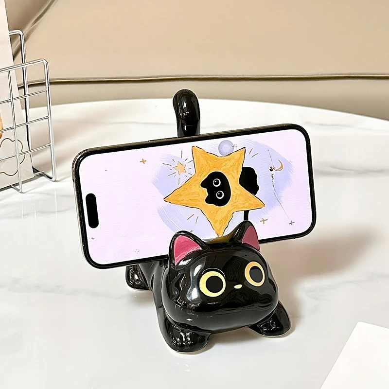 

Cute Big-Eyed Black Cat Phone & Tablet Stand, Office Desktop Decoration, Workstation Mood Stabilizer Small Ornament