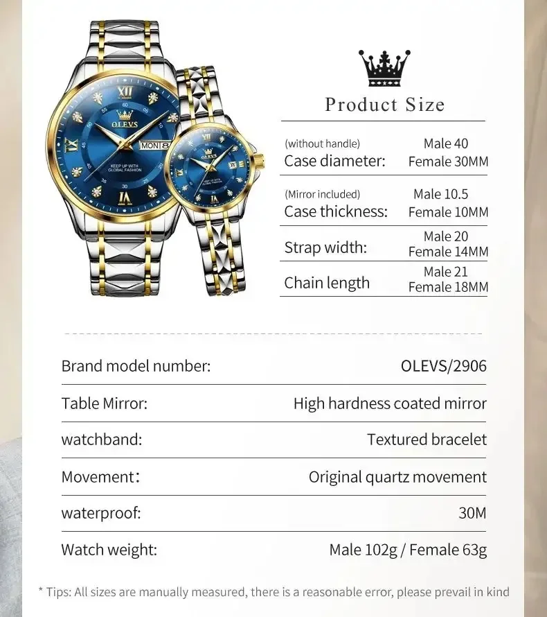 OLEVS Quartz Couple Watches for Men and Women Luxury Golden Stainless Steel Dual Calendar Dial Waterproof Luminous Wristwatches