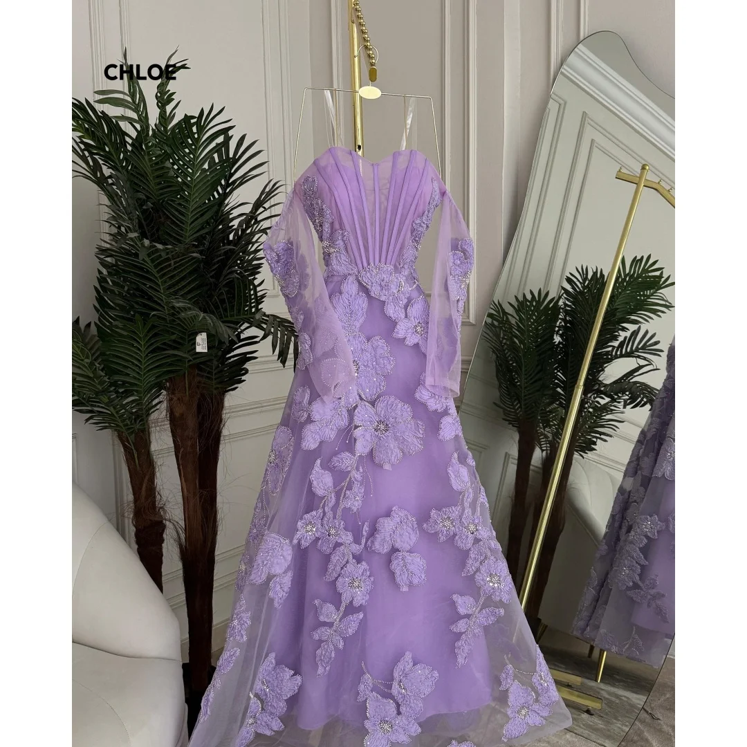 

Purple Women's Evening Dress 2025 Luxury Woman Ceremony Dresses 3D Flowers Line A Customized Long Sleeves Elegant Gowns Prom