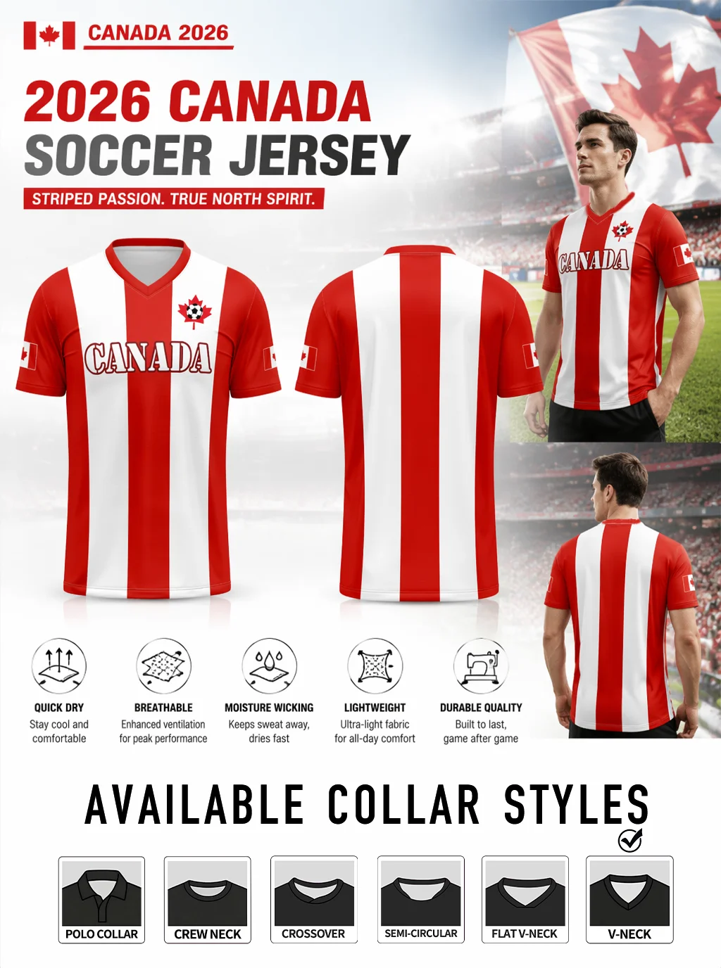 2026 Canada soccer jersey with classic red‑white vertical stripes, maple‑leaf logo, quick‑dry sweat‑wicking fabric