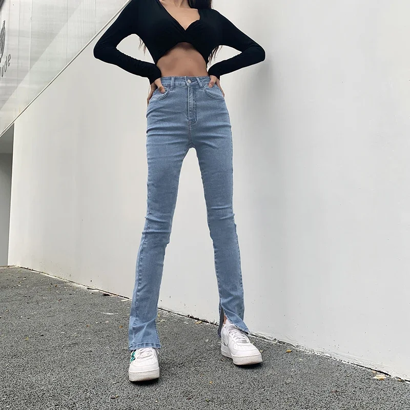 

2024 Spring and Autumn Chic High Waist Blue Denim Pants Small Split Slim Thin Flared Jeans Casual Pencil Tight Skinny Trousers