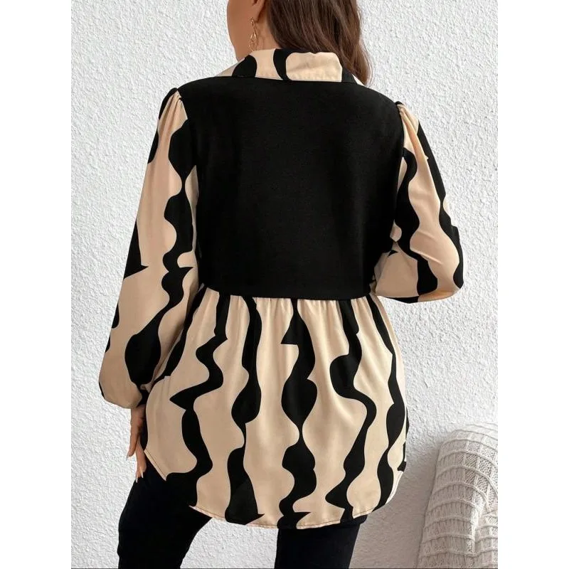 حجم كبير أزياء المرأة طويلة الأكمام التباين اللون بلوزة السيدات فضفاضة مطوي عارضة التلبيب البلوزات والقمصان للإناث