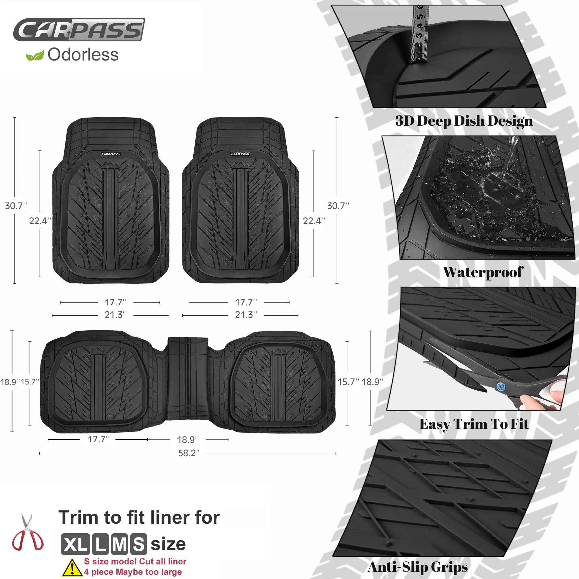 Heavy Duty Rubber Floor Mats 3-Piece, Trim-to-Fit Automotive Floor Mat for Truck Van SUV, Durable Waterproof All Weather Car Mat 4
