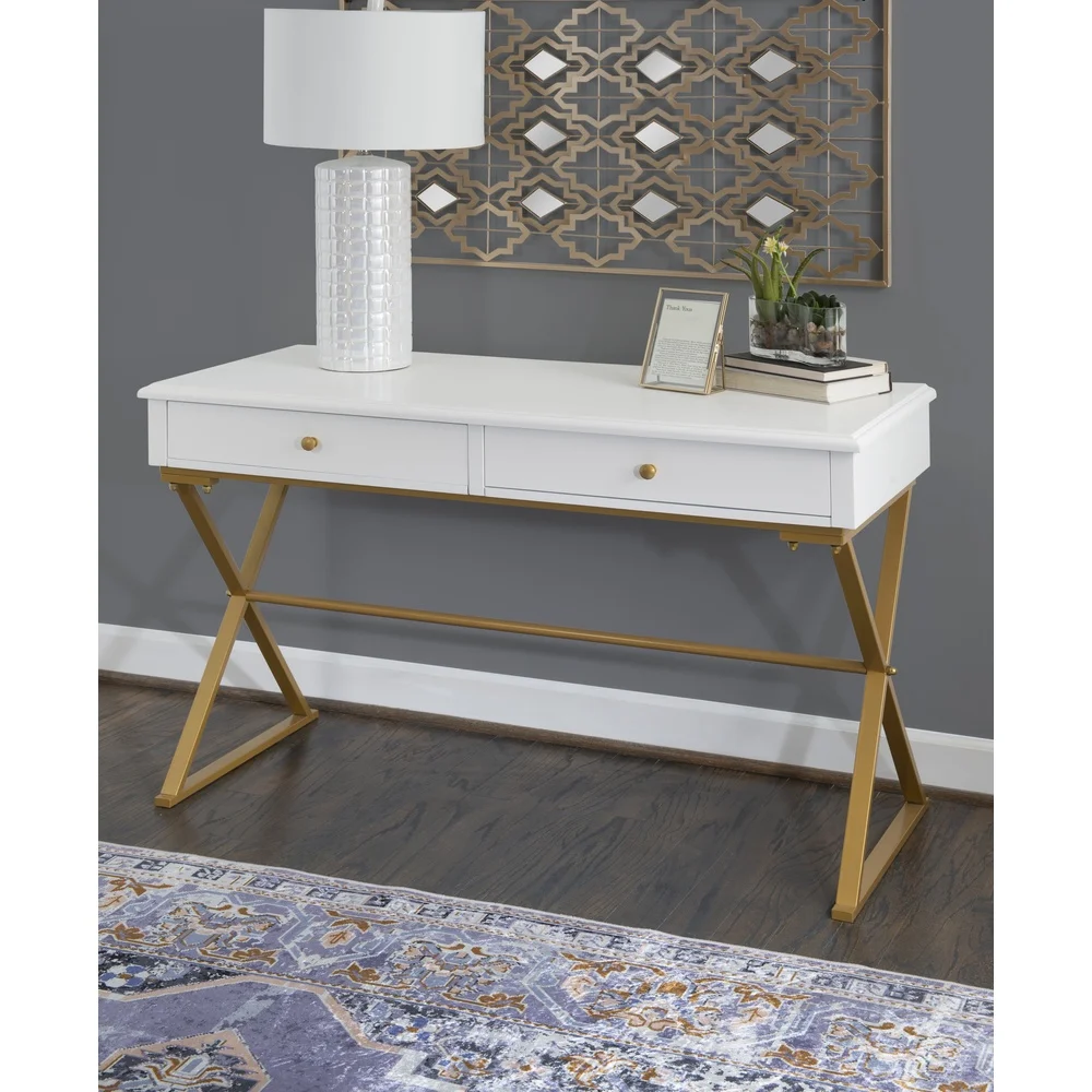 Modern Two-Drawer Campaign Desk Metal Frame with Brass Finish Stylish Writing Desk Perfect Home Office