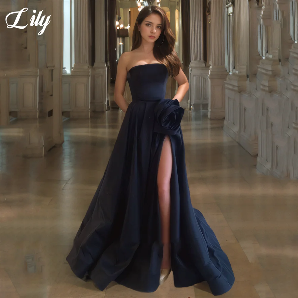 

Lily Dark Blue Evening Dresses Chic Strapless Sleeveless Evening Gown with 3D Floral Accent and Side High-Split Train Customized