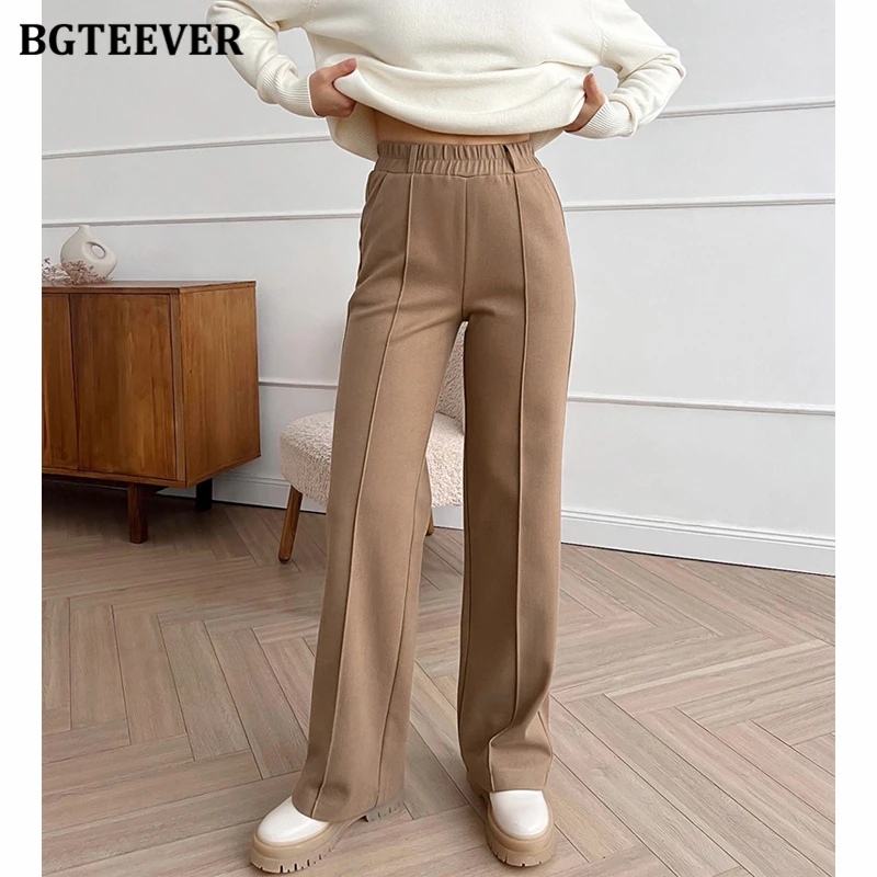 

BGTEEVER Autumn Winter Elastic Waist Ladies Woolen Pants Stylish Loose Pockets Thick Wool Trousers for Women