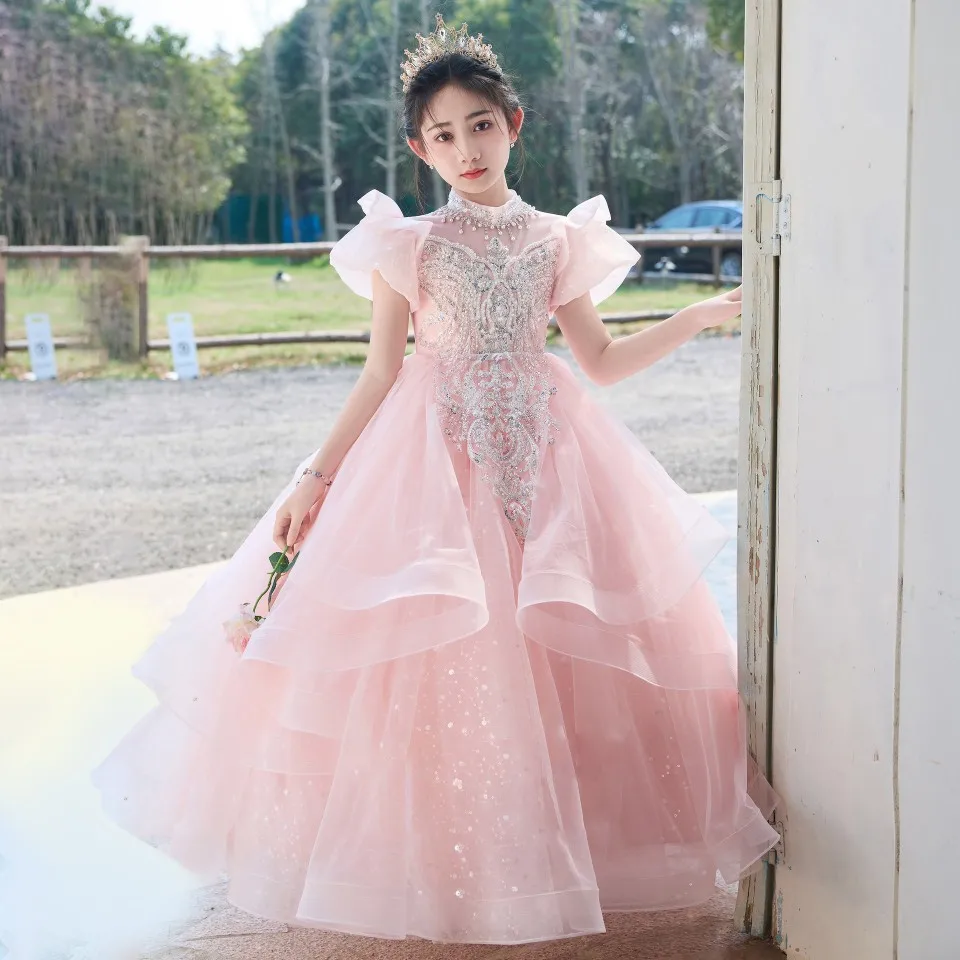 

3-12 years Pink girl party dress 2025 new kids princess birthday children's piano performance 7-8Y