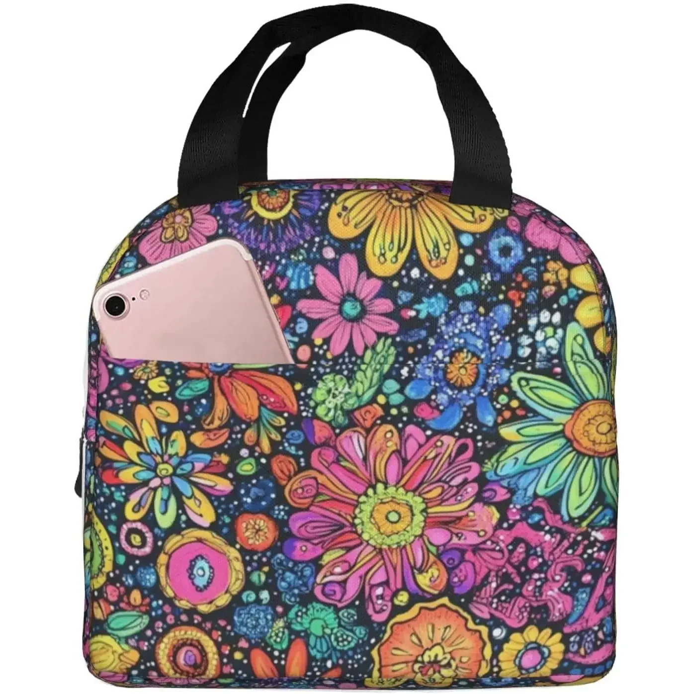 Lunch Bag Colorful Flower Art Insulated Lunch Box Reusable Cooler Tote for Adults Student Girl Boy Work Office School Picnic