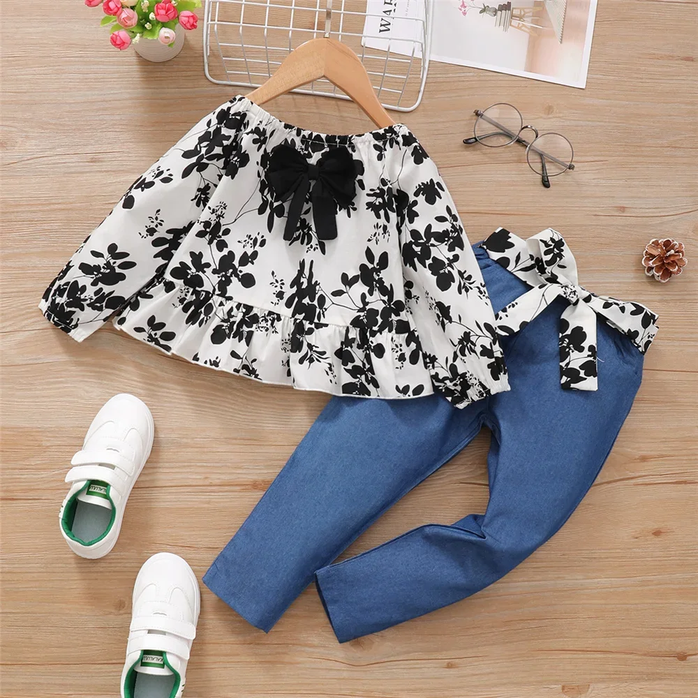 2PCS Kids Clothing Set Off Shoulder Long Sleeved Flower Top+Pants 1-6 Years Toddler Girl Fashion Outfit for Spring&Autumn Wear