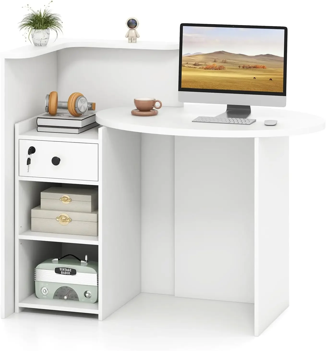 Front Counter Desk with Lockable Drawer & Adjustable Shelf, Oval Desktop, Retail Counter for Checkout, Computer Workstation