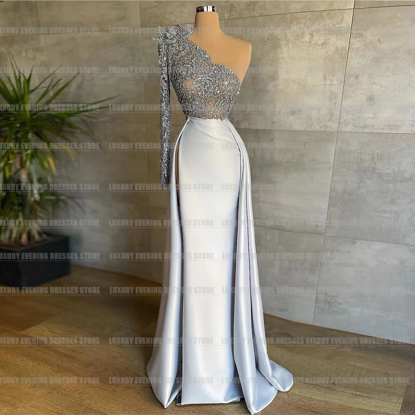 

One Shoulder Mermaid Evening Dresses For Woman Formal Appliques Gentle Lace Satin Simple Party Prom Gowns Vintage فساتين سهره