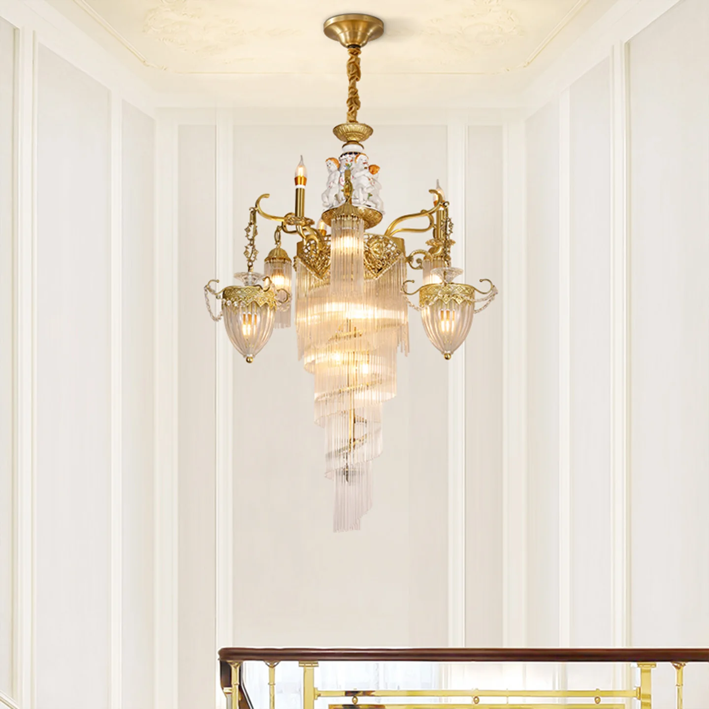French Classic Goddess Art Design Villa Living Room Banquet Hall Luxury Crystal Tassel Brass Chandelier Duplex Pendant Lamp