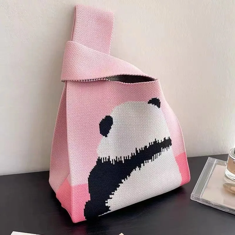 cartoon Panda Handbag Women Mini Knot Wrist-bag Female Casual Color Wide Stripe Plaid Tote Bag Student Reusable Shopping Bag