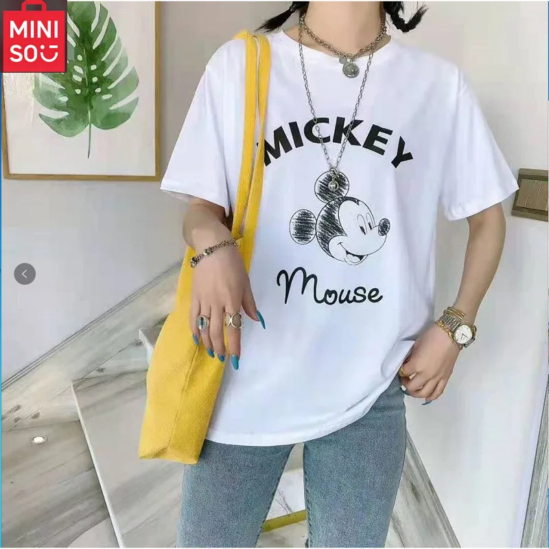 تي شيرت نسائي MINISO Minnie Mouse Silk بسيط وأنيق، قميص أساسي كاجوال، قميص برقبة دائرية، مخطط ألوان كوري #4