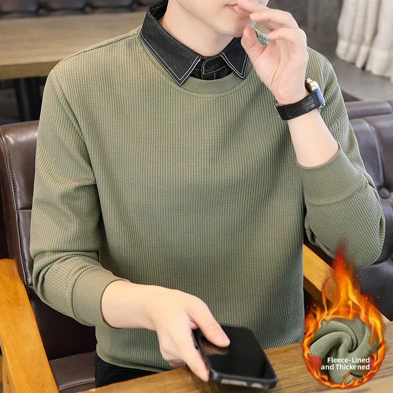 

Men's Long Sleeve Fleece Lined Shirt Collar Sweatshirt Slim Fit Thickened Autumn Winter New Style Fashionable Youth T-Shirt