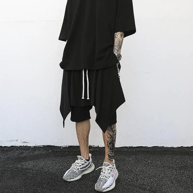 Men Drop Crotch Skirt Shorts Darkwear Drawstring Layered Harem Shorts Loose Casual High Street Fashion Streetwear Pants