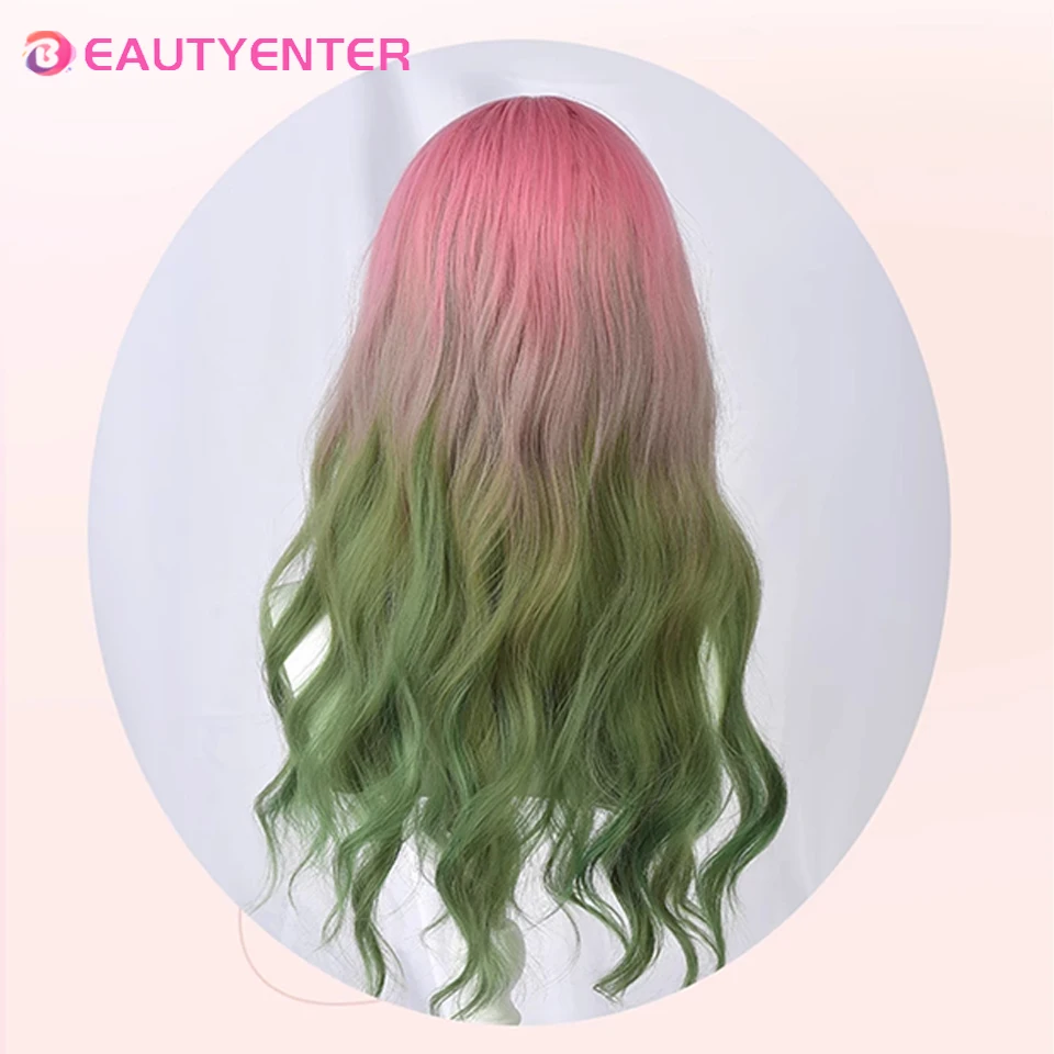 BEAUTYENTER Peruka syntetyczna Szykowne dziewczyny Cosplay Włosy Gradient Szary Różowy Zielony 60cm Długie faliste Lolita Śliczne grzywki Skóra