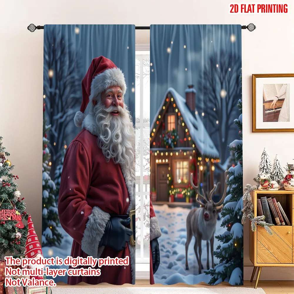 

2pcs 2D flat printing Merry Christmas Window Curtains Santa Claus With Reindeer Christmas Polyester Without Electricity Festive