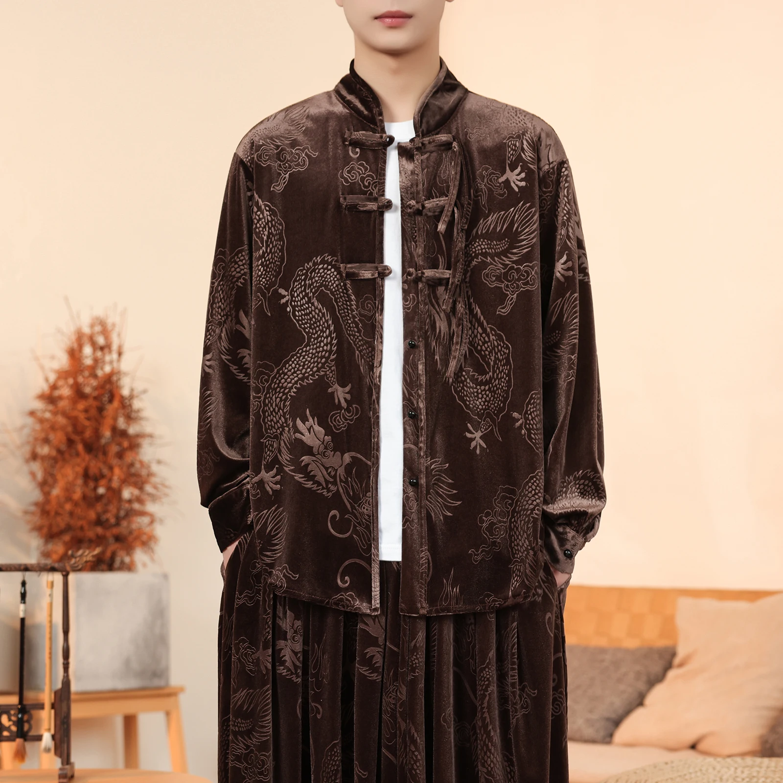 Chinese Style Jacket Mens Velvet Print Dragon Traditional Tang Suit Shirts Men Kung Fu Tai Chi Casual Retro Blouses Clothing Men