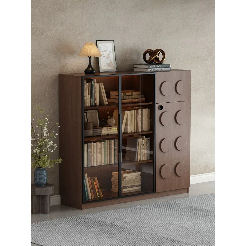 

Medieval style bookcase with glass door dust-proof locker household bedroom study locker solid wood display cabinet