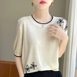 Women's T-shirt Summer Lyocell Knitted Short Sleeve Casual Blouse Ladies' Clothes Round Neck Pullover Tees Loose Embroidery  Top